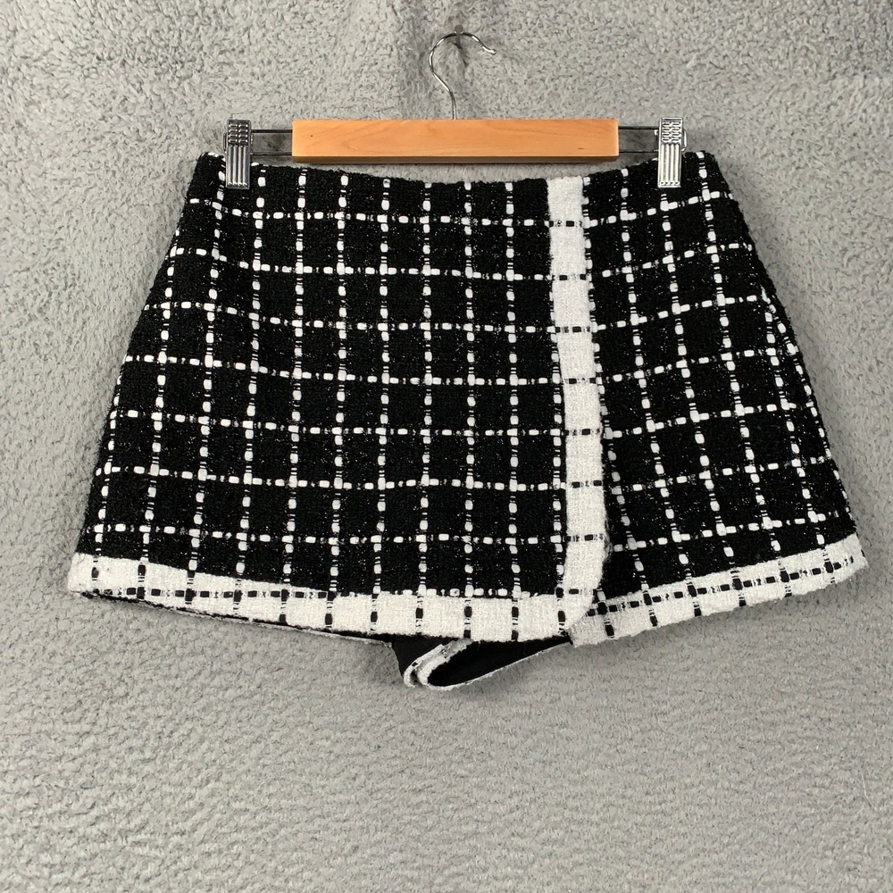 Alice + Olivia Darma Skort Women 4 Black White Plaid Tweed Wrap Front Mini Skirt